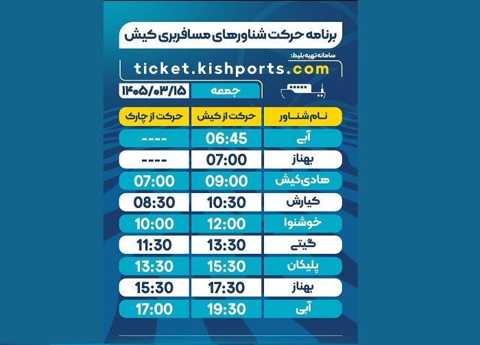 برنامه حرکت شناور‌های مسافربری و حمل خودرو کیش، جمعه ۱۵ خرداد