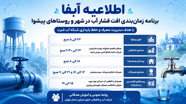 زمان‌بندی افت فشار آب در برخی مناطق پیشوا اعلام شد
