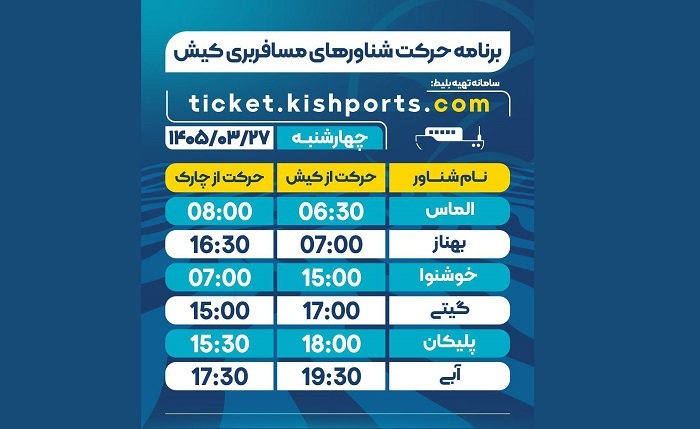 برنامه حرکت شناور‌های مسافربری و حمل خودرو کیش، چهارشنبه ۲۷ خرداد