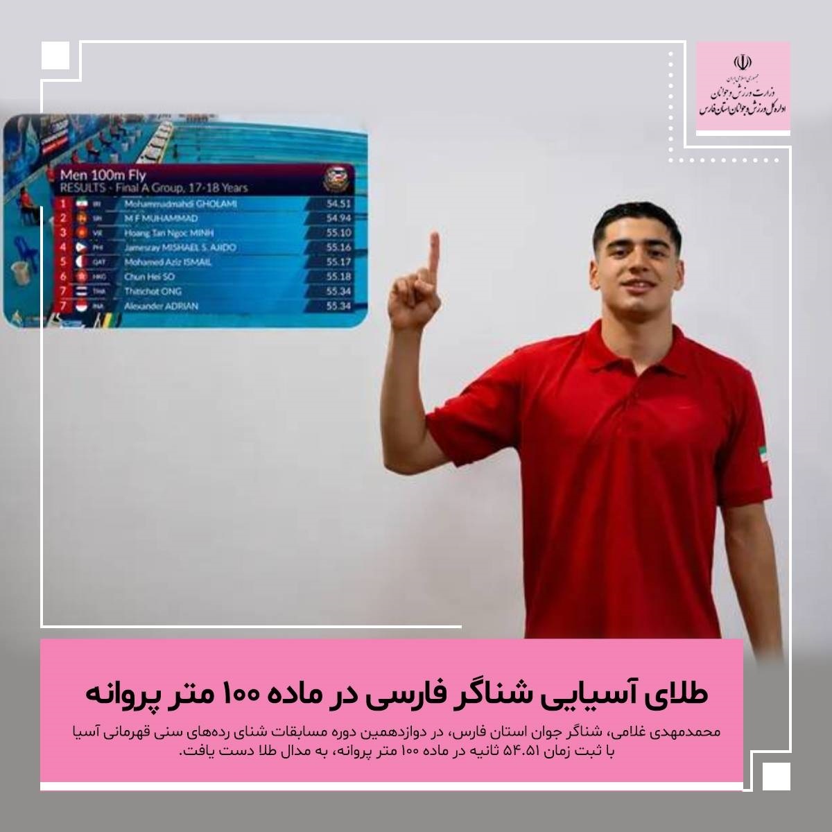 طلای آسیایی شناگر فارسی در ماده ۱۰۰ متر پروانه طلای آسیایی شناگر فارسی در ماده ۱۰۰ متر پروانه