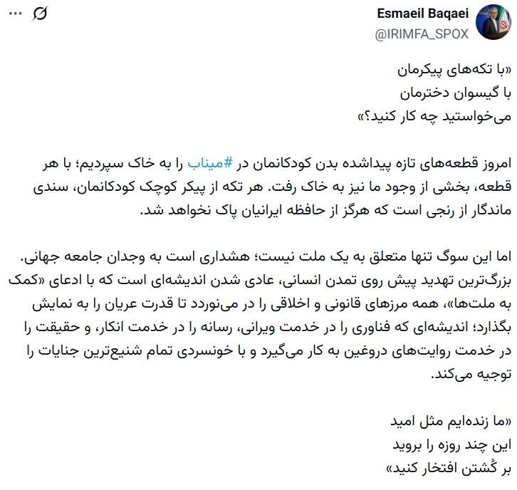 پیام بقایی به مناسبت خاک‌سپاری تکه‌های تازه پیداشده کودکان میناب