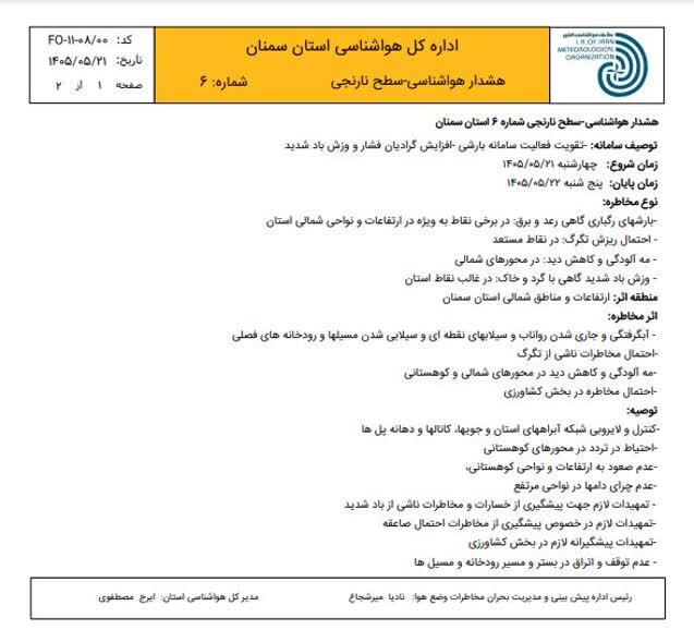 اعلام هشدار نارنجی هواشناسی در سمنان