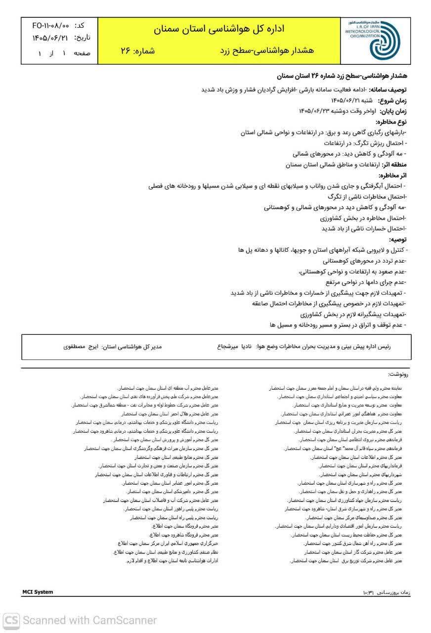 تداوم هشدار هواشناسی در سمنان